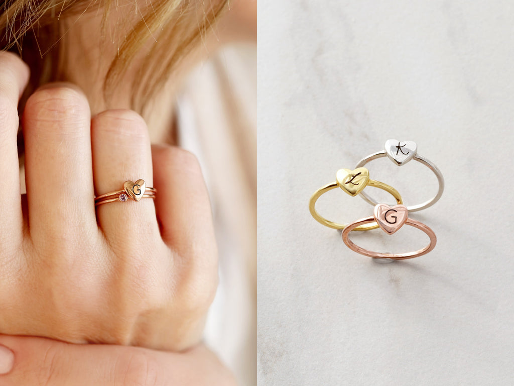 Engraved heart rings in gold, silver, and rose gold from Tom Design Shop.