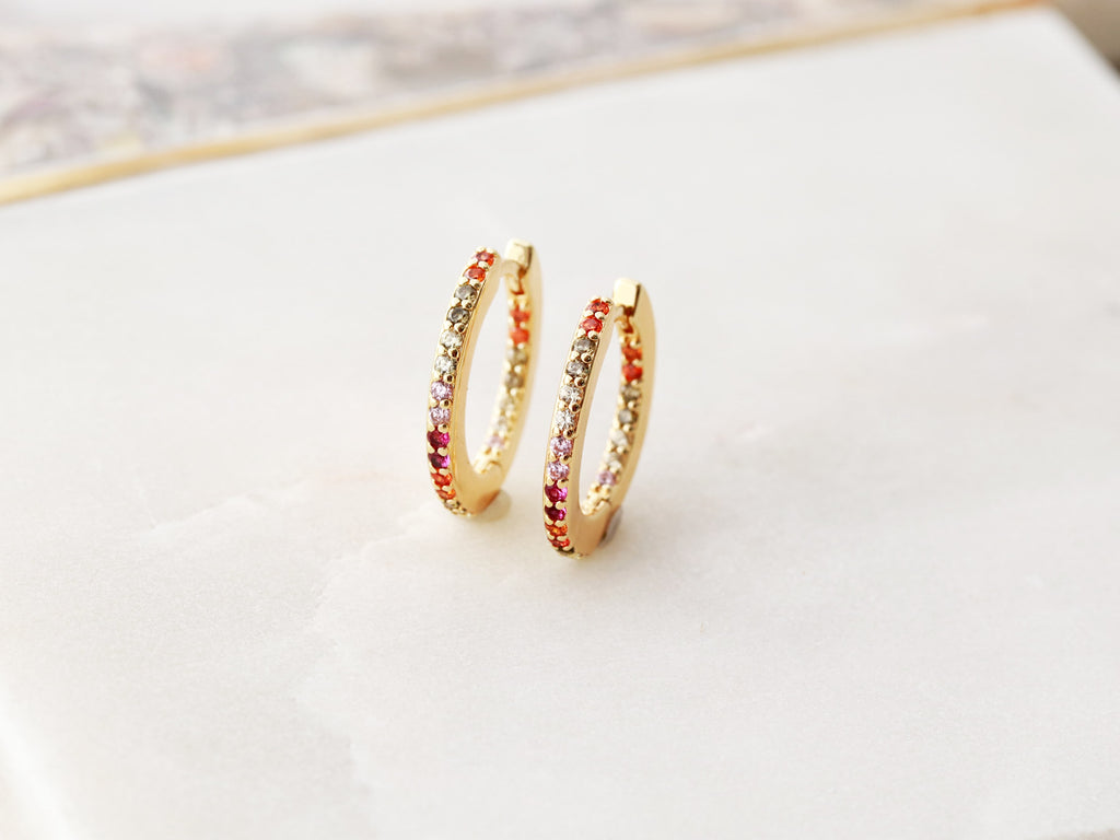 Gold hoop rainbow earrings.