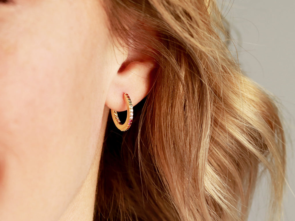 Gold Rainbow Hoop Earrings with gemstones from Tom Design Shop.
