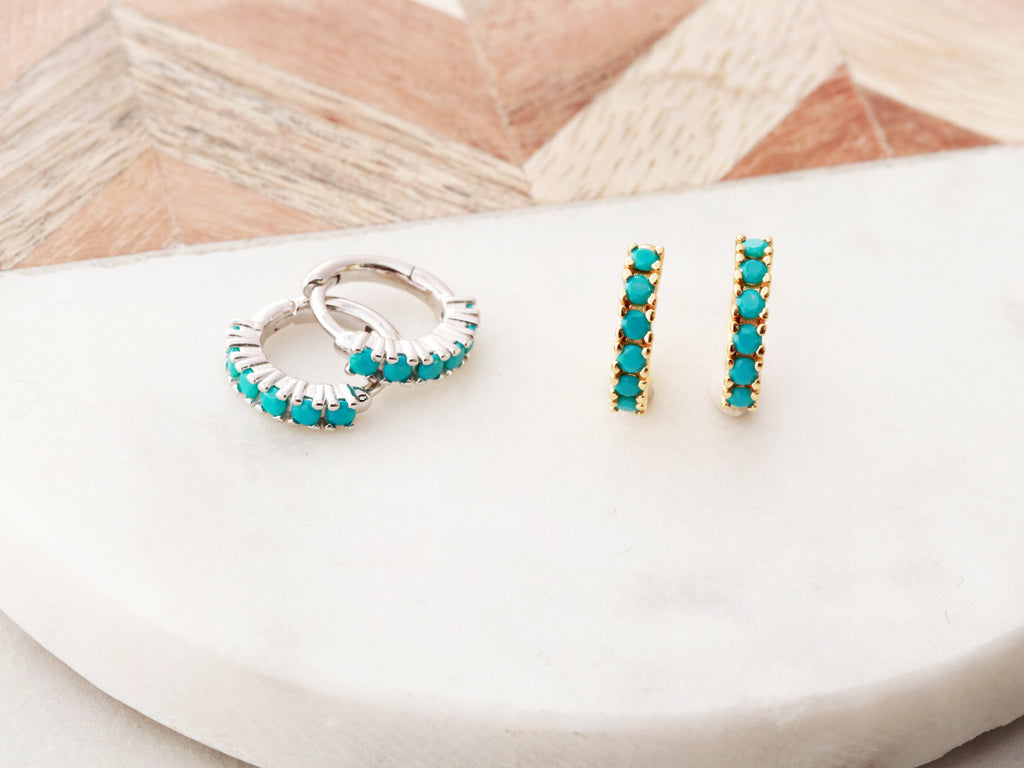Turquoise Huggie Earrings in gold and silver from Tom Design Shop.