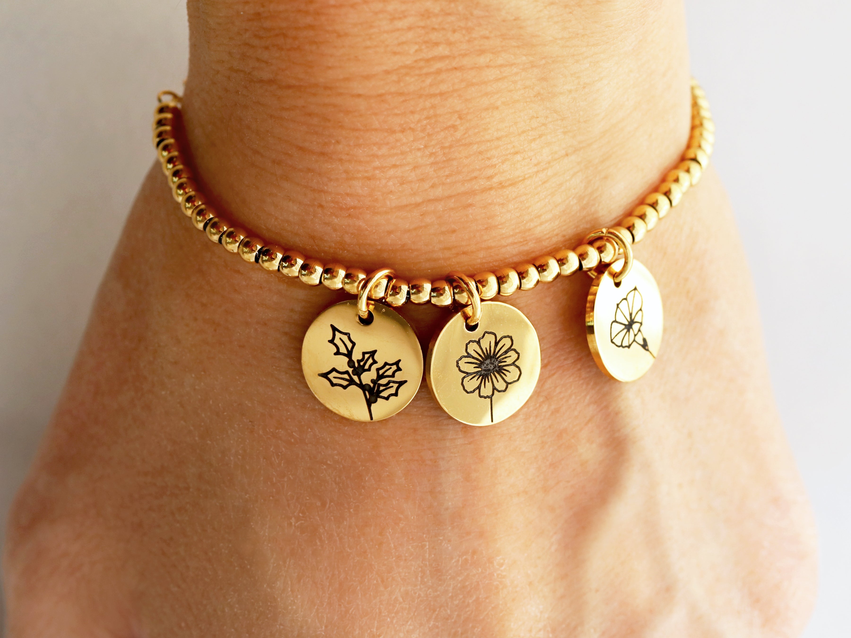 Birth Flower Beaded Bracelet 13mm Discs Tom Design Shop