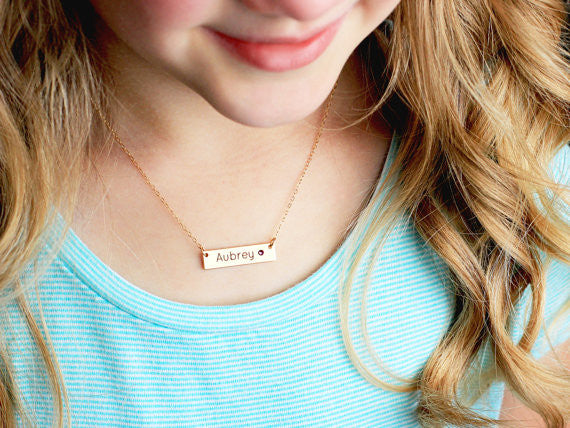 Personalized Bar Necklace with Birthstone & Stamped Name